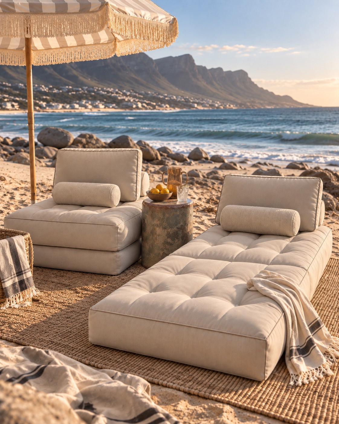 Outdoor Lumi Loungers in chair and unfolded positions on a Cape Town beach
