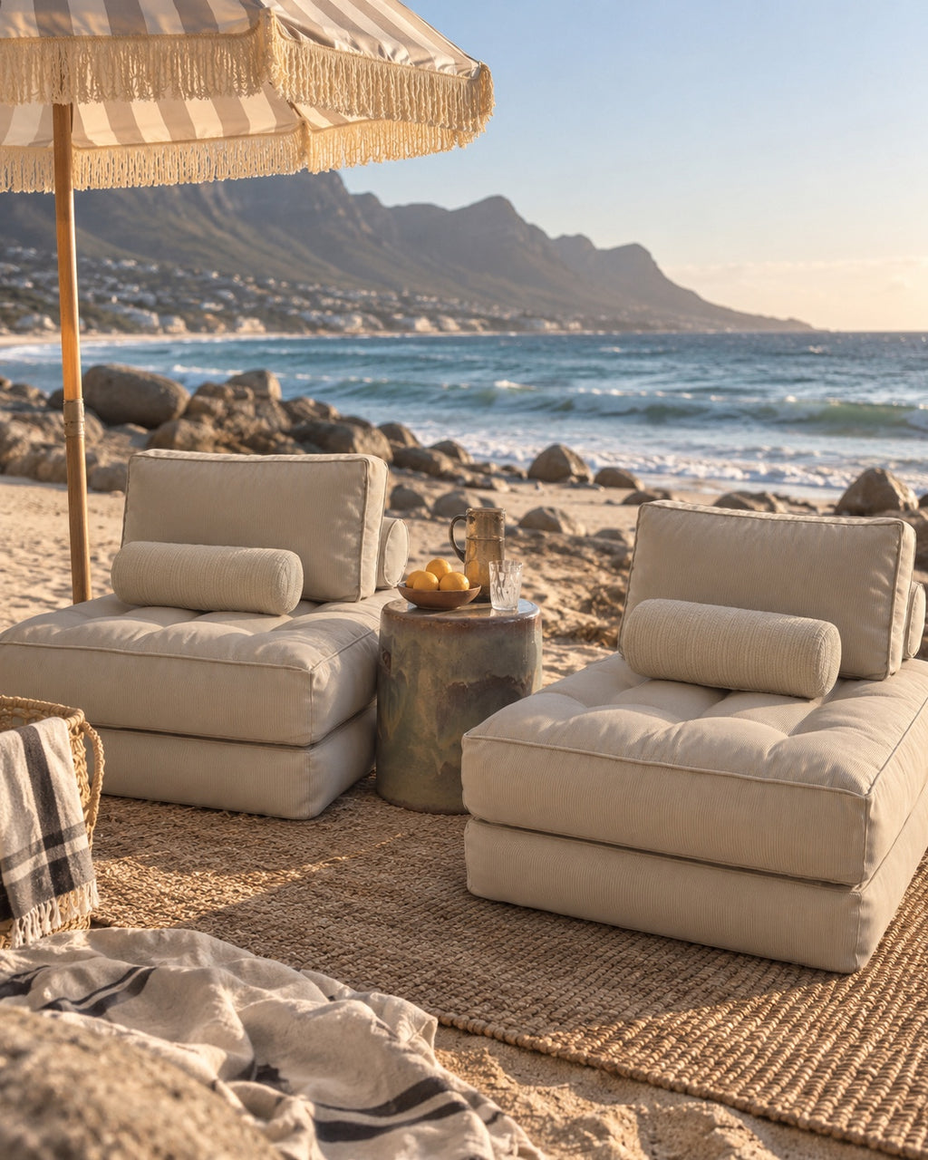 Two Outdoor Lumi Loungers in chair position on a Cape Town beach